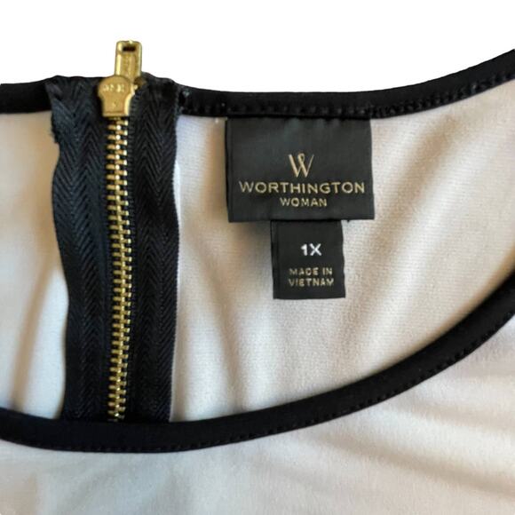 Worthington Woman 1X Plus Size Blouse Abstract Art ColorBlock Shirt White Blue - Picture 3 of 10